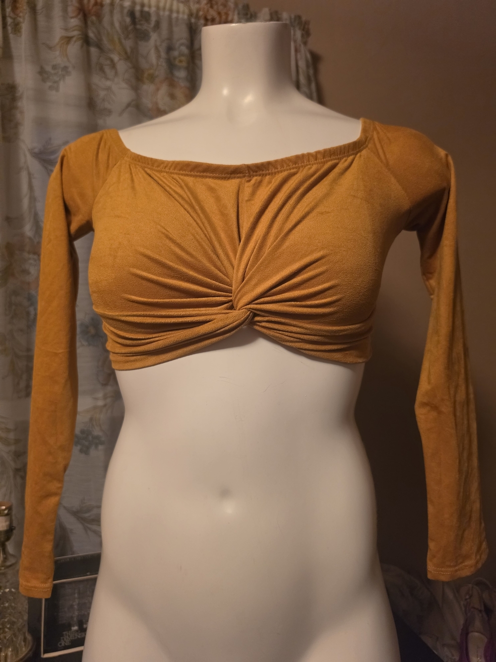 Twist-Front Mustard Long Sleeve Crop Top